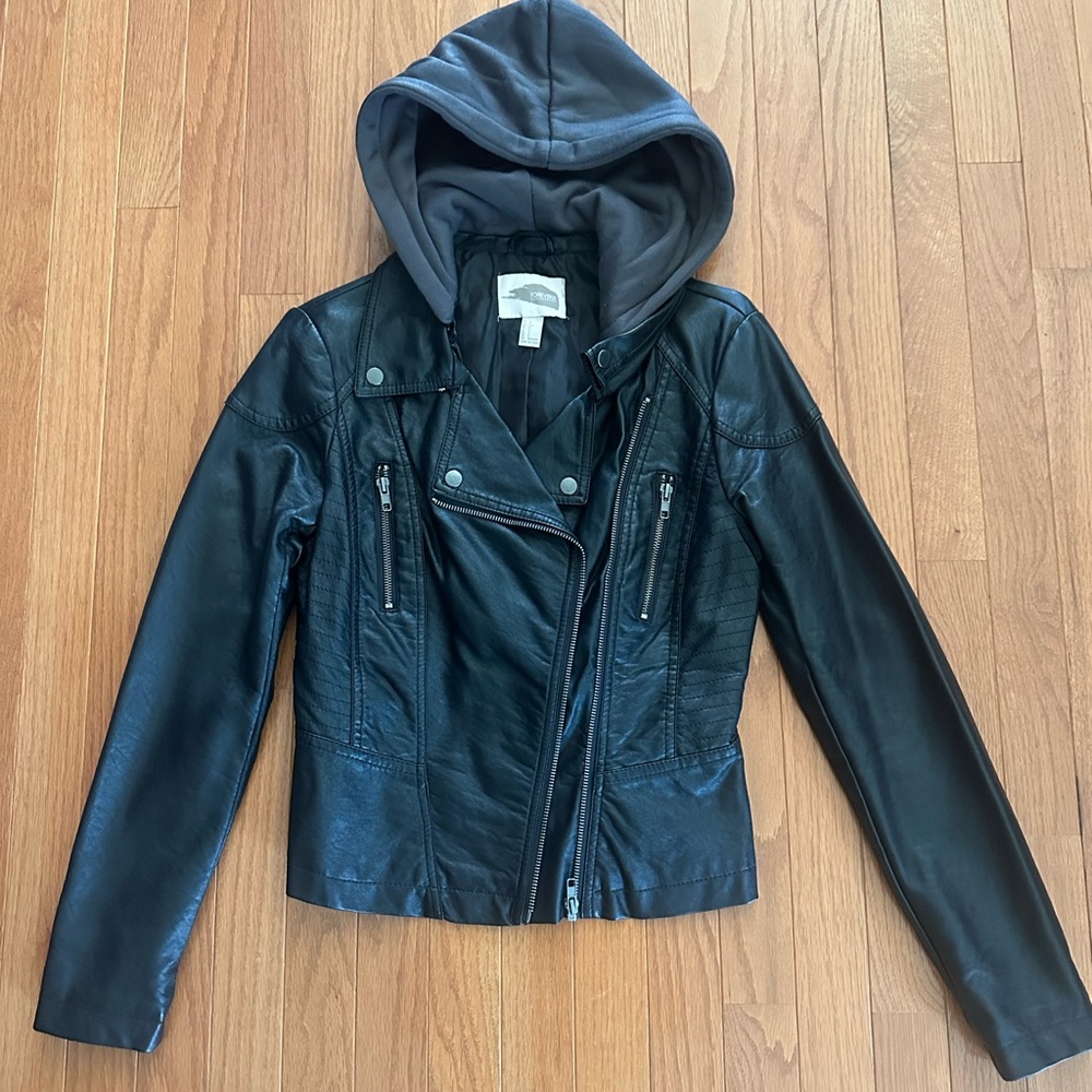 Faux leather jacket (Forever 22 Contemporary, size S) with grey removable hood